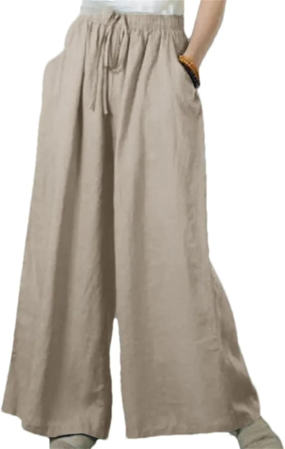 Women's Summer Loose Casual Wide-Leg Pants  Solid Color Cotton Linen Elastic Waist Drawstring Trousers Streetwear