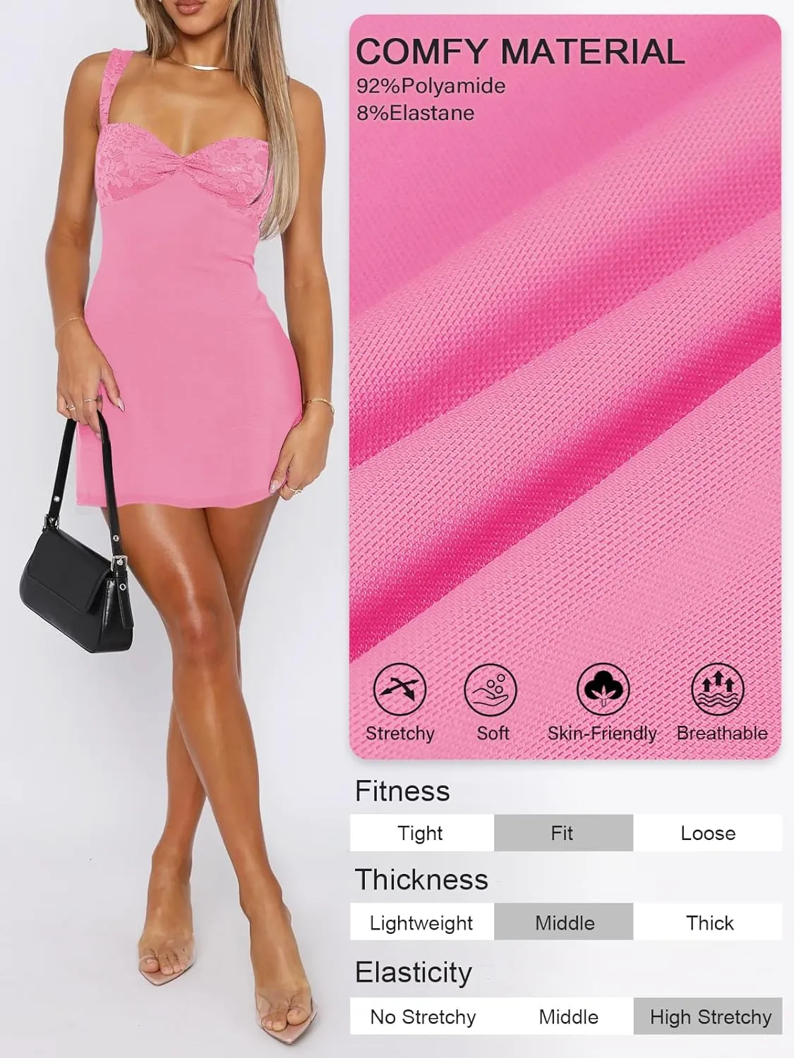 Women's Summer Mini Dresses Sleeveless Sexy Square Neck Lace Splicing Cocktail Party Straps Bodycon Dress