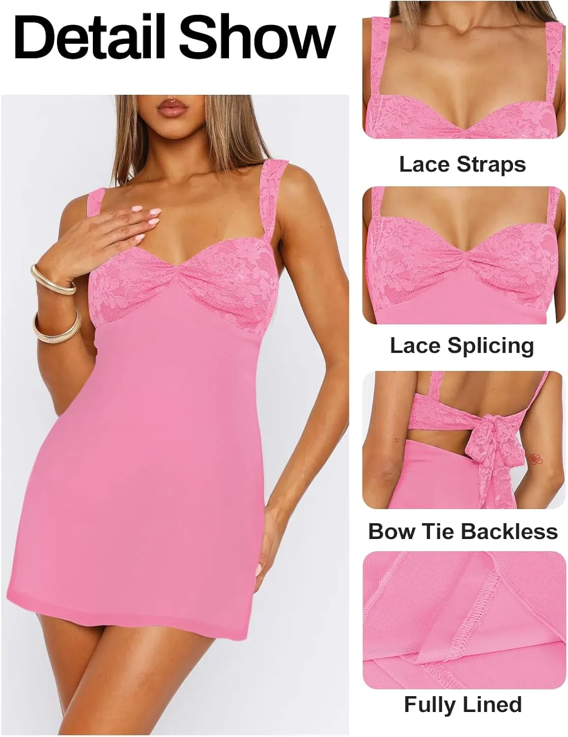 Women's Summer Mini Dresses Sleeveless Sexy Square Neck Lace Splicing Cocktail Party Straps Bodycon Dress