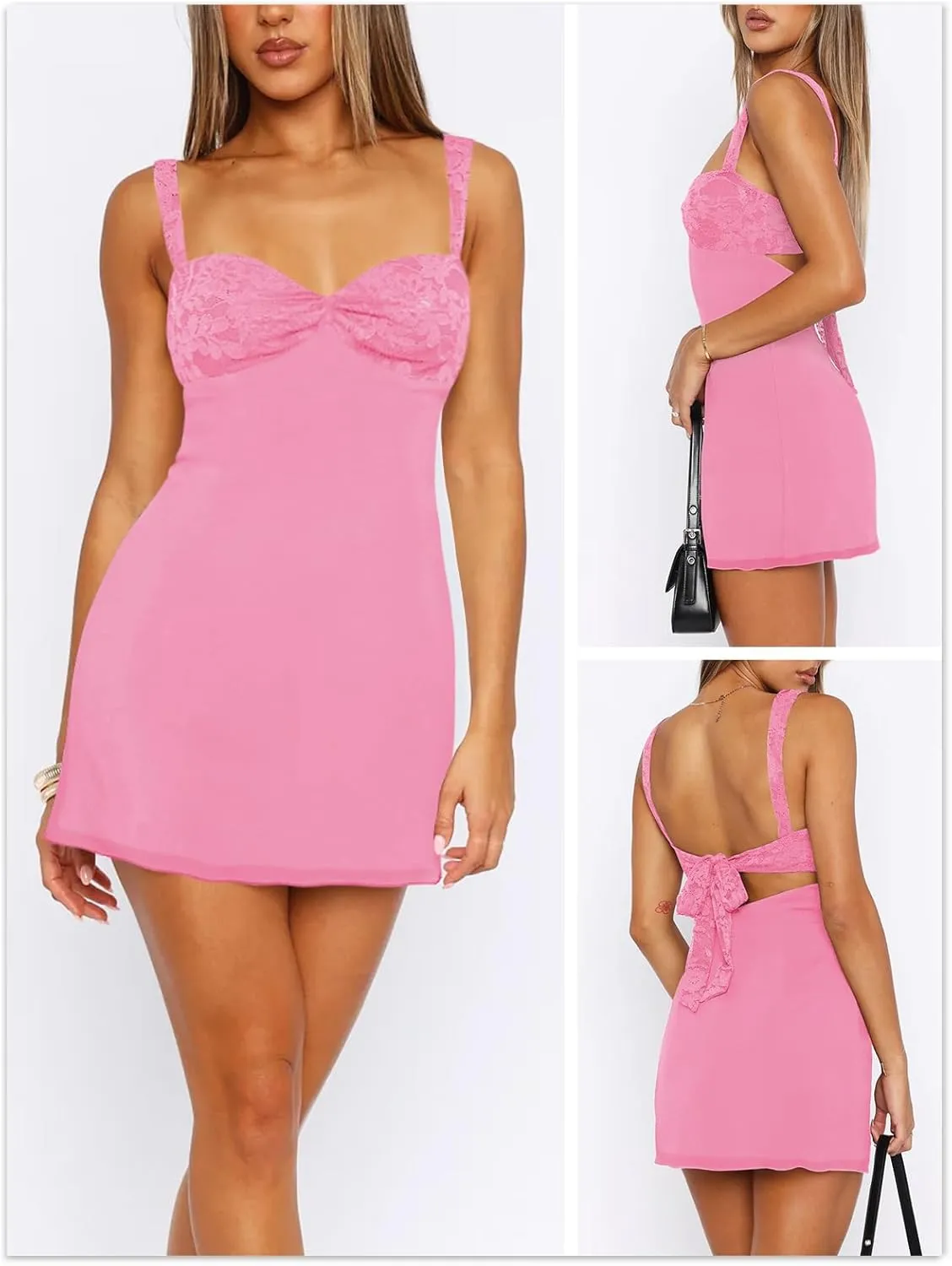 Women's Summer Mini Dresses Sleeveless Sexy Square Neck Lace Splicing Cocktail Party Straps Bodycon Dress