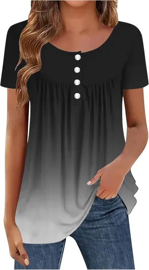 Womens Summer Tops 2025 Trendy Boho Floral Tunic Shirts Short Sleeve Button V Neck Tshirt Dressy Casual Loose Blouses
