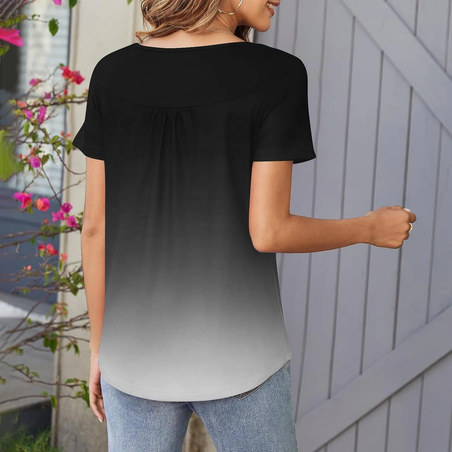 Womens Summer Tops 2025 Trendy Boho Floral Tunic Shirts Short Sleeve Button V Neck Tshirt Dressy Casual Loose Blouses