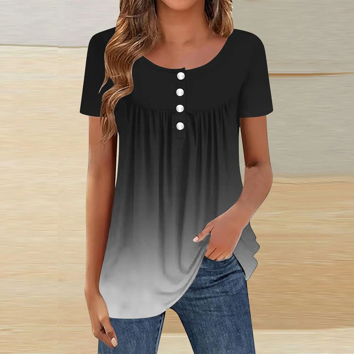 Womens Summer Tops 2025 Trendy Boho Floral Tunic Shirts Short Sleeve Button V Neck Tshirt Dressy Casual Loose Blouses