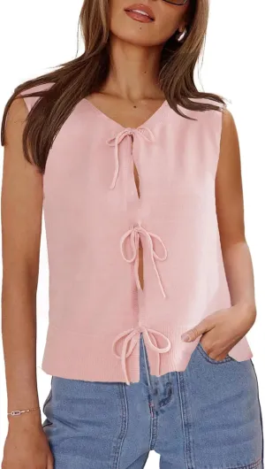 Womens Sweater Vest 2025 Summer Sleeveless Crewneck Tie Front Tops Bow Crochet Knit Vest Crop Tank Tops Trendy Vest