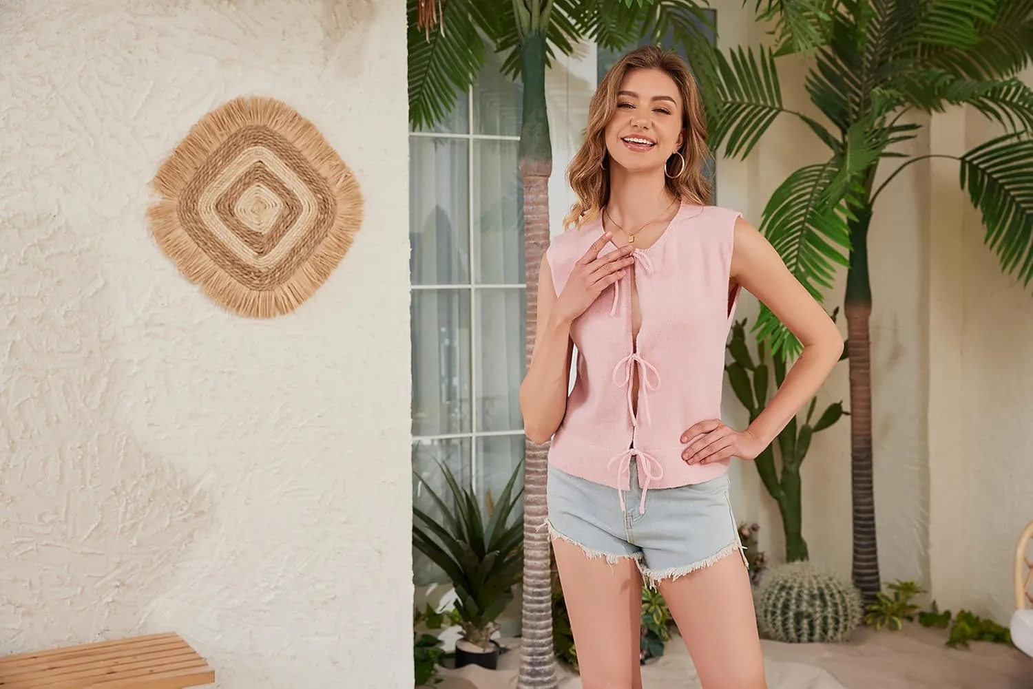 Womens Sweater Vest 2025 Summer Sleeveless Crewneck Tie Front Tops Bow Crochet Knit Vest Crop Tank Tops Trendy Vest