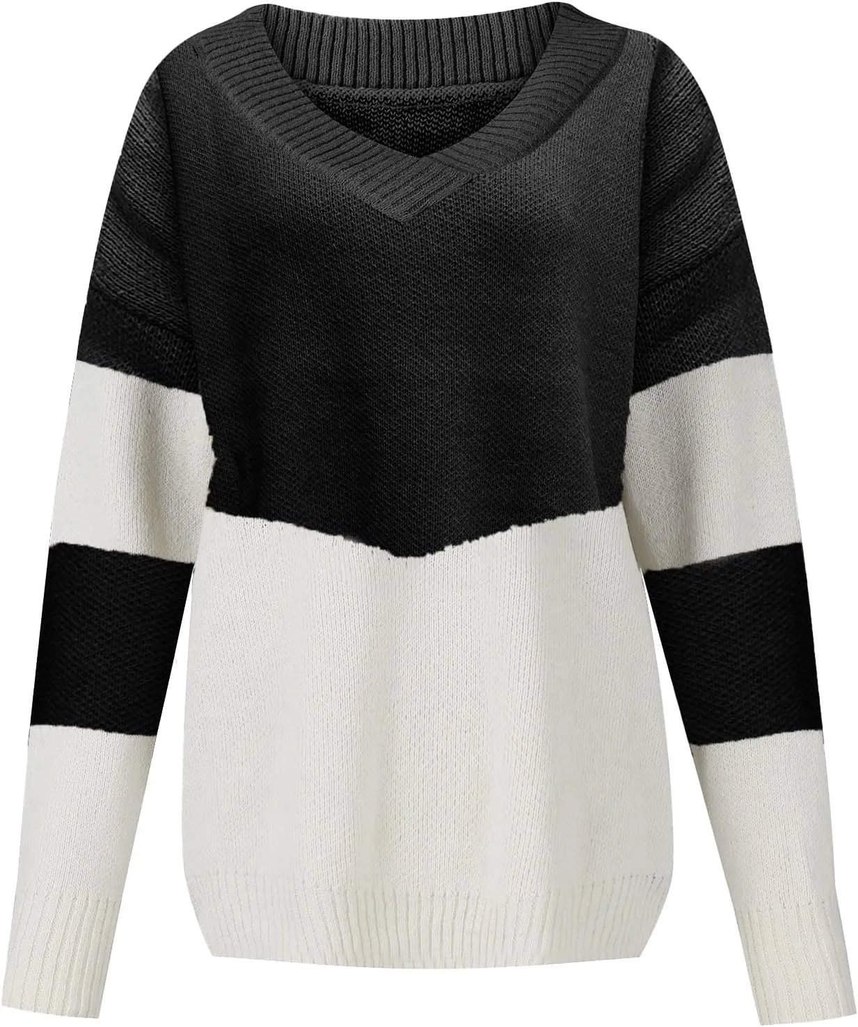 Womens Sweaters Sweatshirts V Neck Long Sleeve Shirts Loose Fashion 2024 Color Block Pullover Knit Jumper Tops