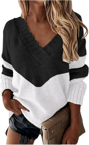 Womens Sweaters Sweatshirts V Neck Long Sleeve Shirts Loose Fashion 2024 Color Block Pullover Knit Jumper Tops