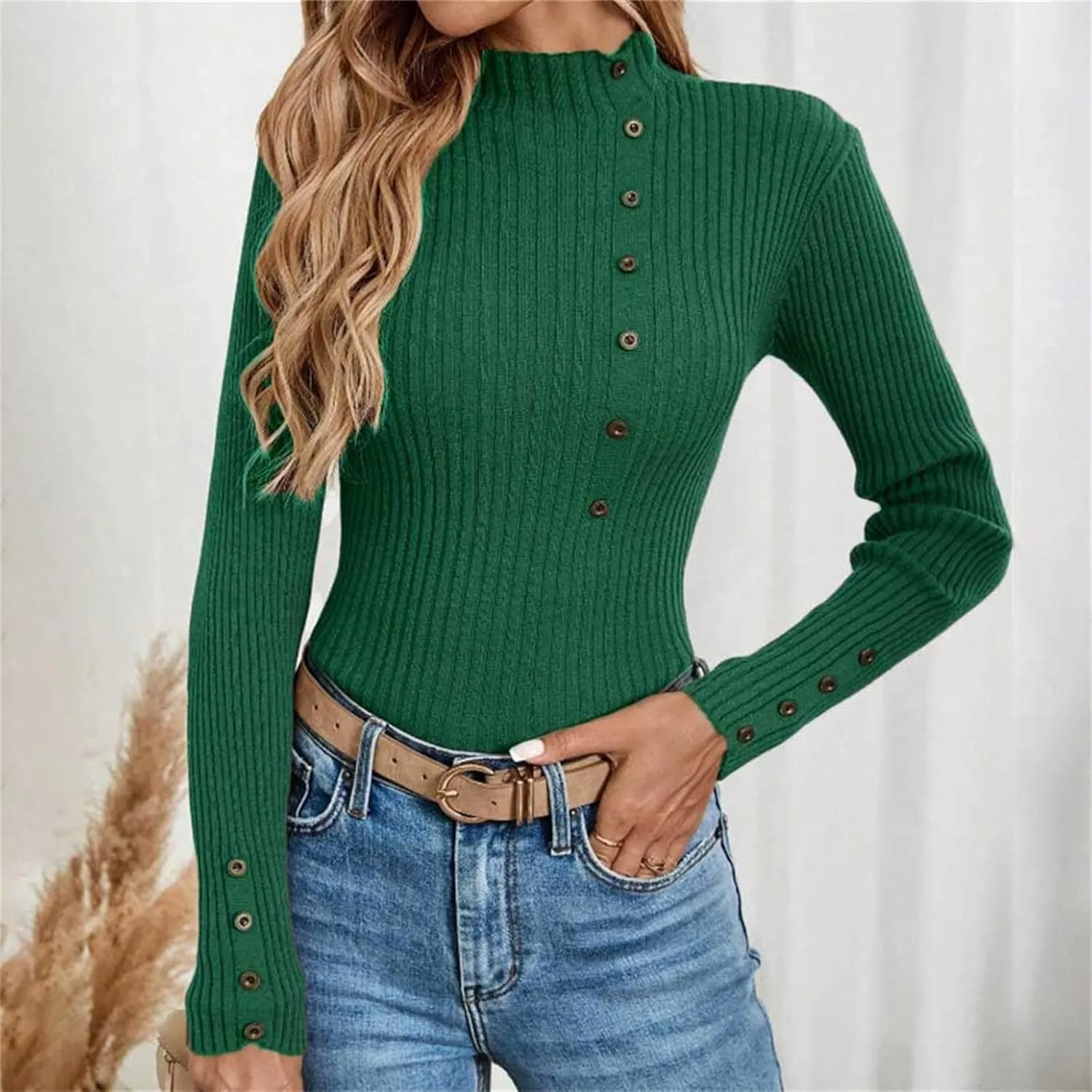 Womens Sweaters Trendy Casual Turtleneck Long Sleeve Shirts Warm Soft Slim Knit Sweater
