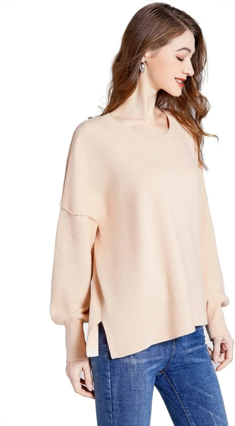 Womens Sweater/Womens Pullover Sweater Side Slit Crewneck Long Sleeve Knit Oversized Pullover Sweater Top
