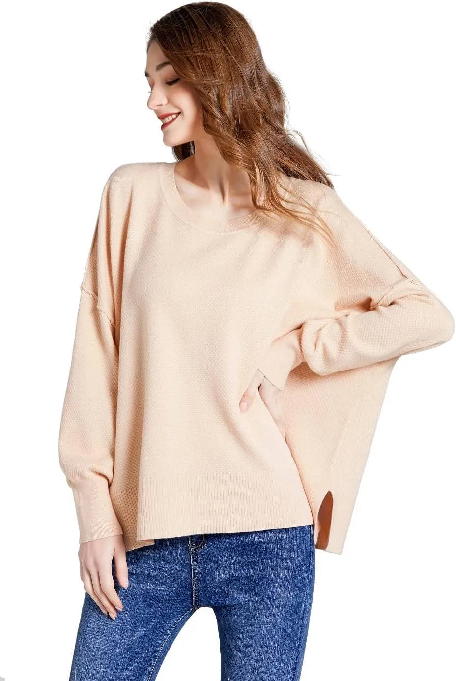 Womens Sweater/Womens Pullover Sweater Side Slit Crewneck Long Sleeve Knit Oversized Pullover Sweater Top