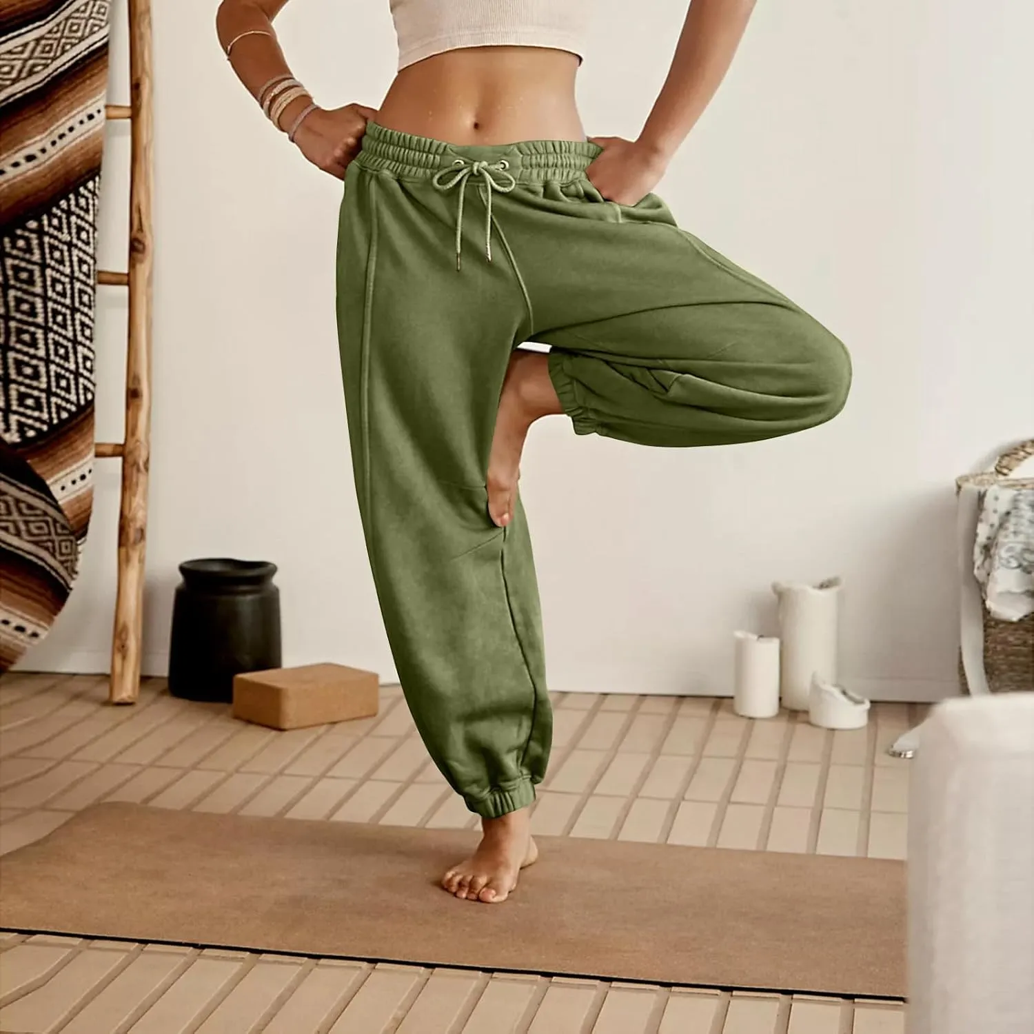 Womens Sweatpants Joggers Elastic High Waist Drawstring Lightweight Office Pants Slim Fit Trousers with Pocket 2024