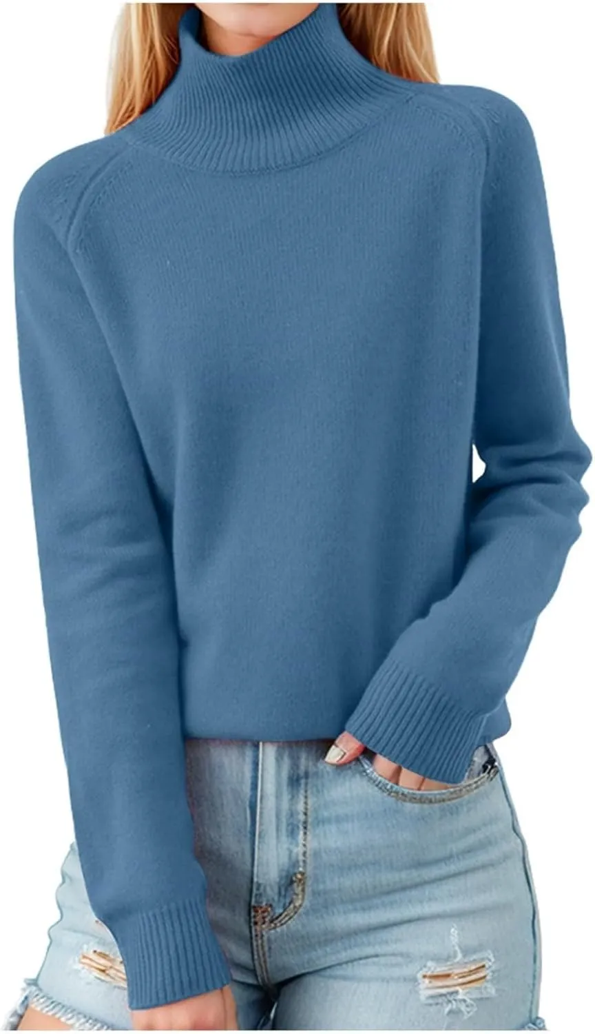 Womens Turtleneck Long Sleeve Knit Sweater Casual Loose Fit Tops Basic Pullover Jumper Tops 2024 Fall Winter