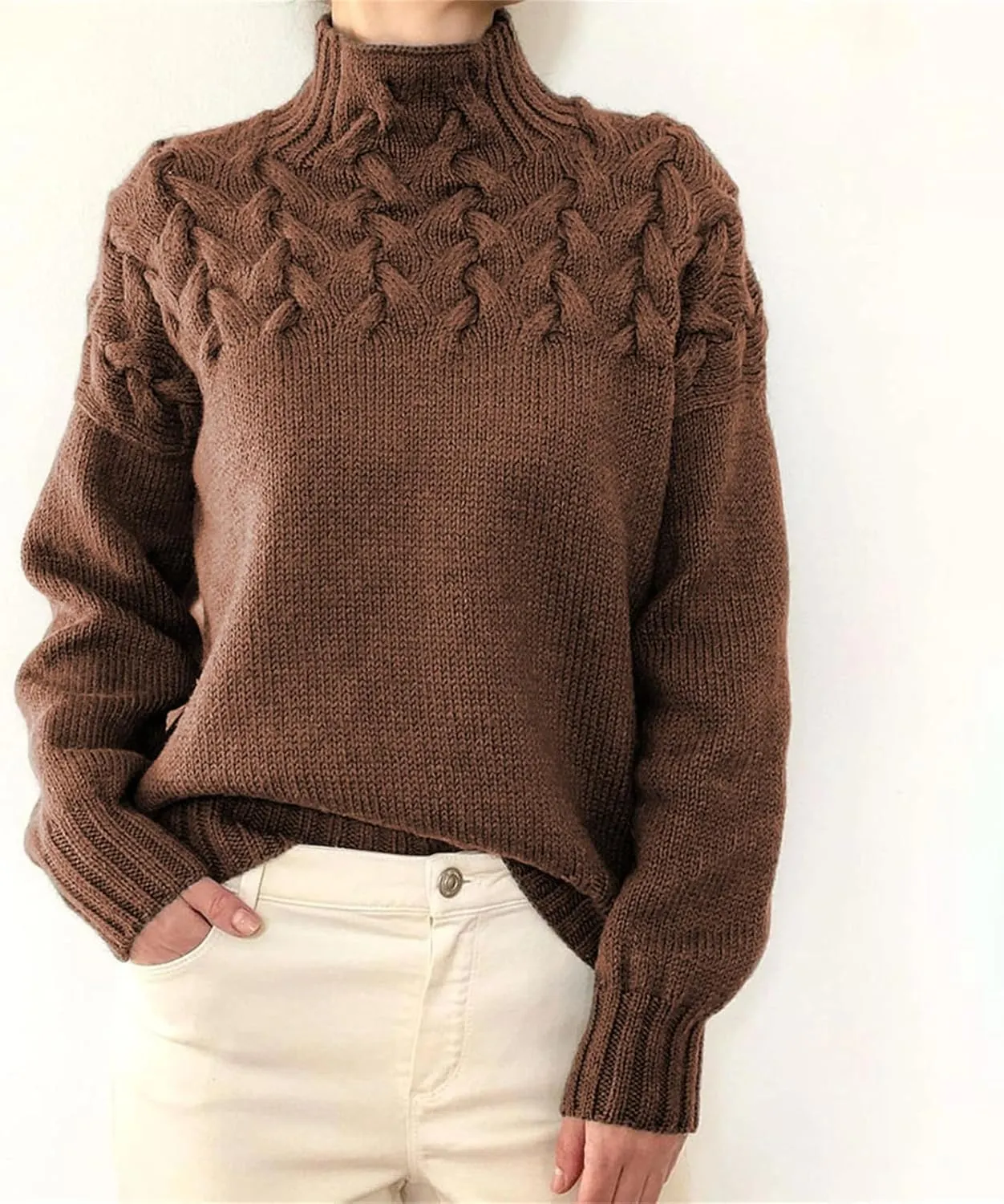Womens Turtleneck Long Sleeve Solid Comfy Cable Knit Sweater, Slouchy Knit Chunky Sweater, Womens Turtleneck Sweater