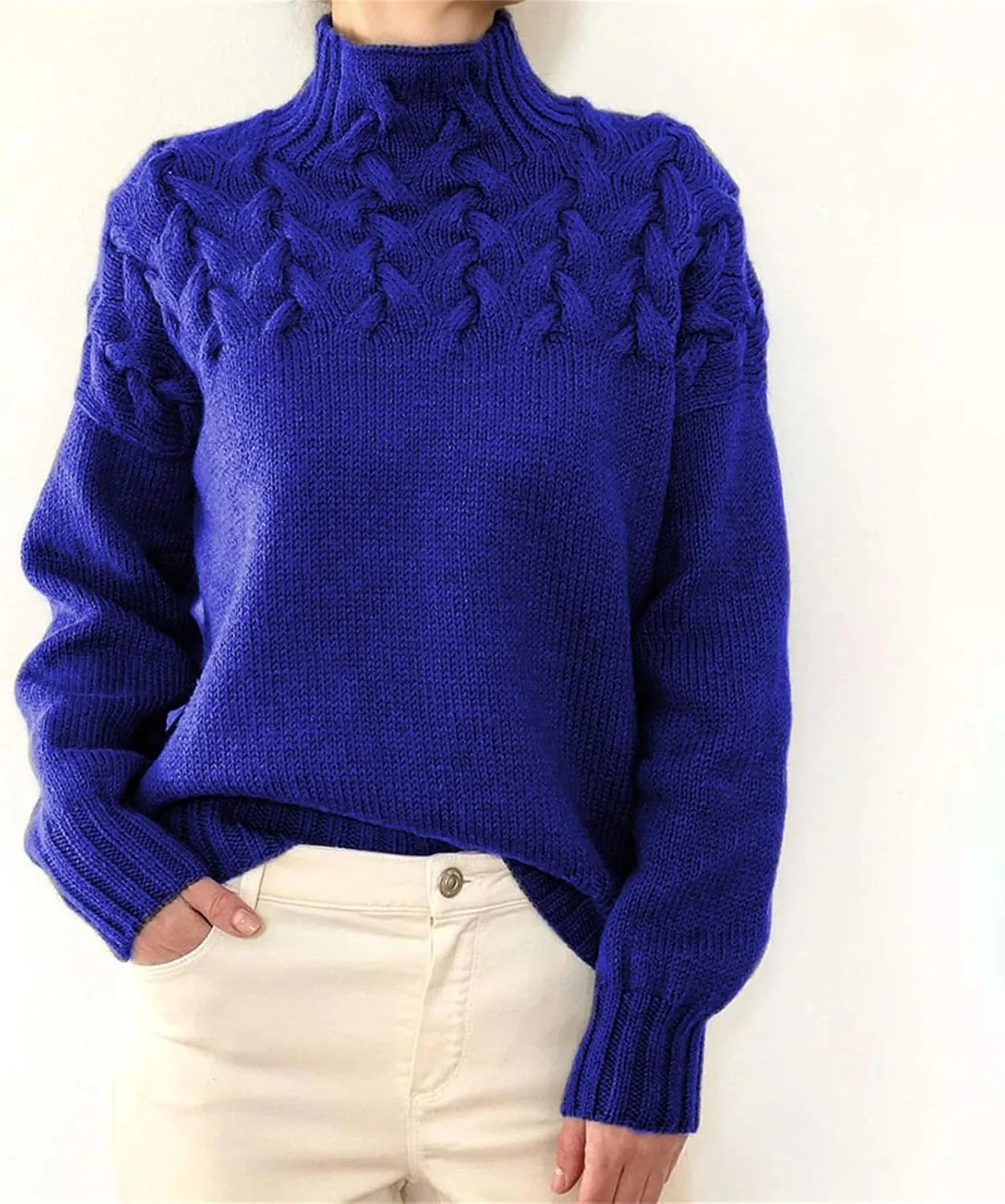 Womens Turtleneck Long Sleeve Solid Comfy Cable Knit Sweater, Slouchy Knit Chunky Sweater, Womens Turtleneck Sweater