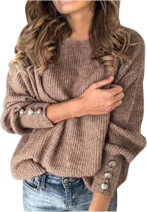 Women's Turtleneck Oversized Sweaters Long Sleeve Pullover Loose Knit Jumper Striped Print Button Jumper Tops