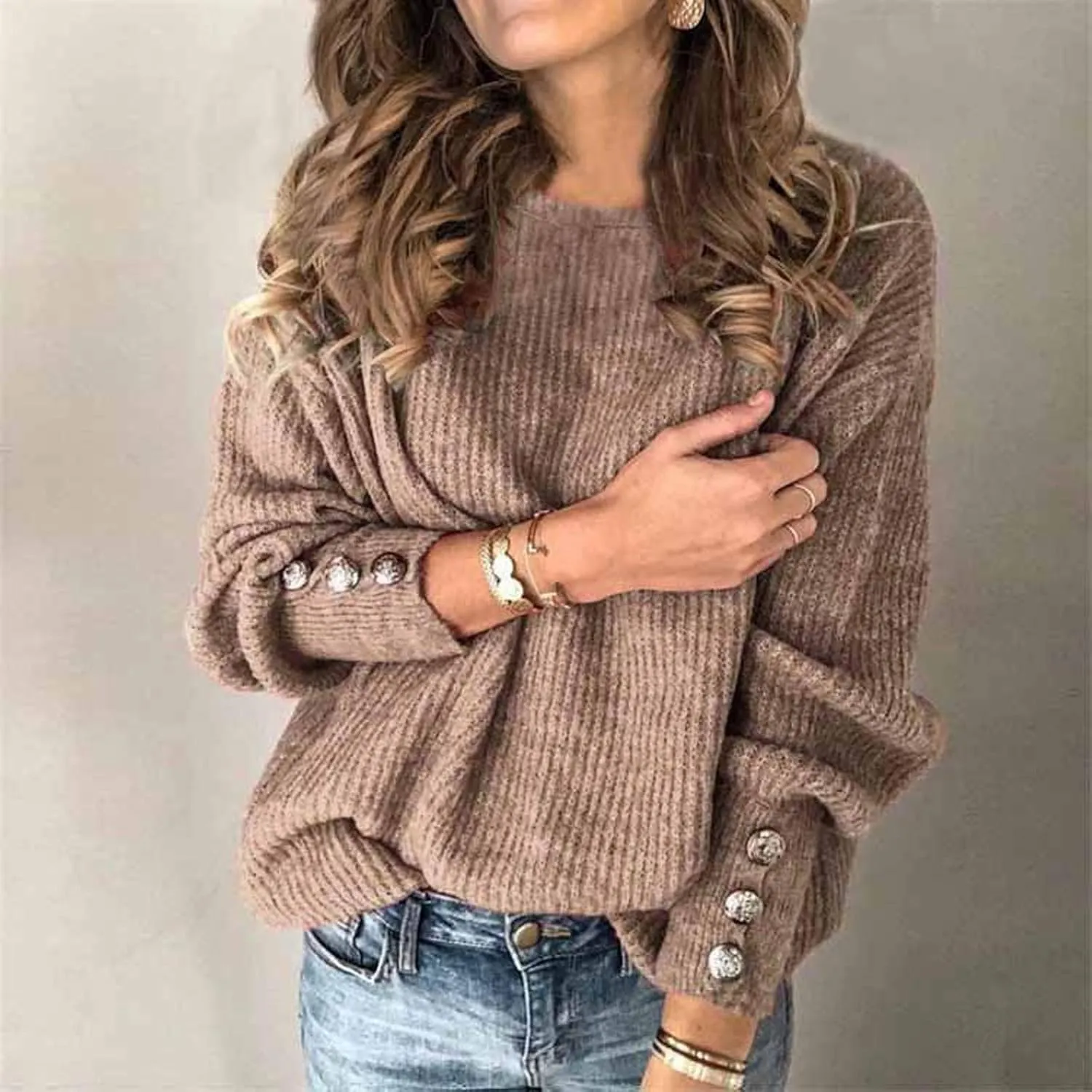 Women's Turtleneck Oversized Sweaters Long Sleeve Pullover Loose Knit Jumper Striped Print Button Jumper Tops