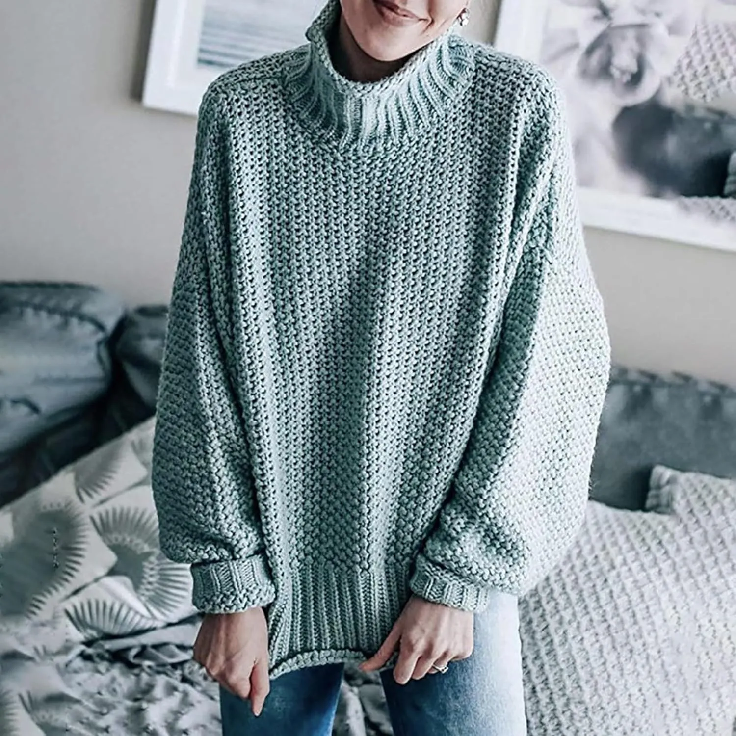 Women's Turtleneck Sweater 2024 Sleeve Knit Solid Color Sweater Pullover Top Fall Tops Cute