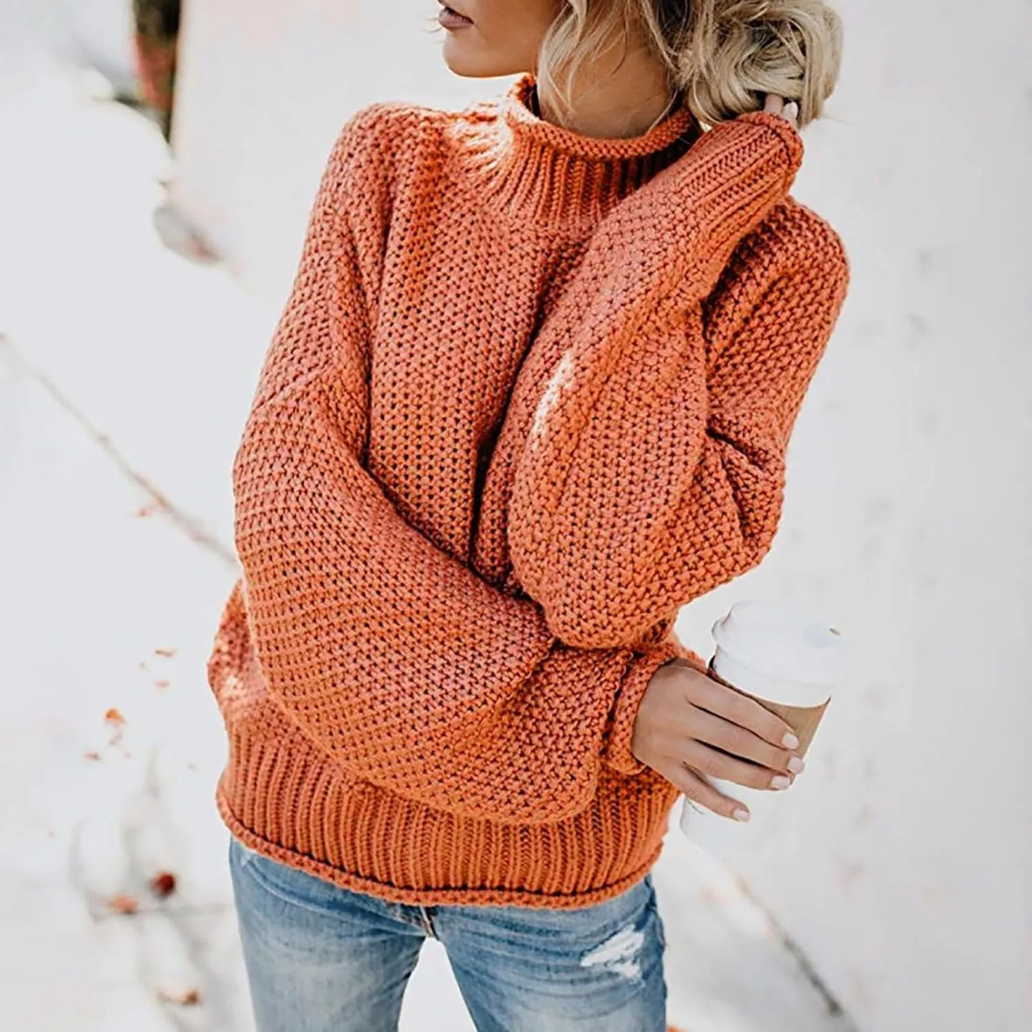 Women's Turtleneck Sweater 2024 Sleeve Knit Solid Color Sweater Pullover Top Fall Tops Cute