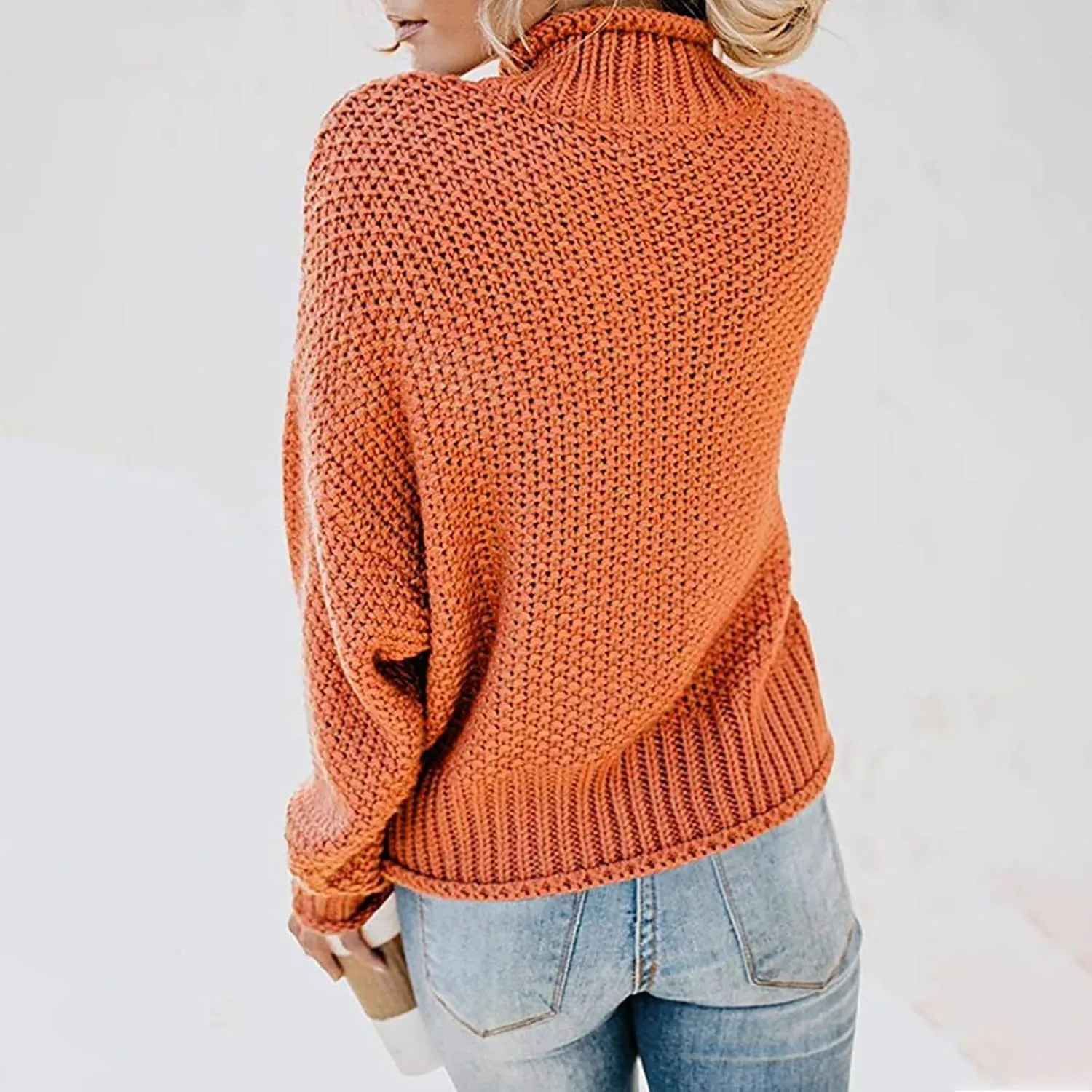Women's Turtleneck Sweater 2024 Sleeve Knit Solid Color Sweater Pullover Top Fall Tops Cute