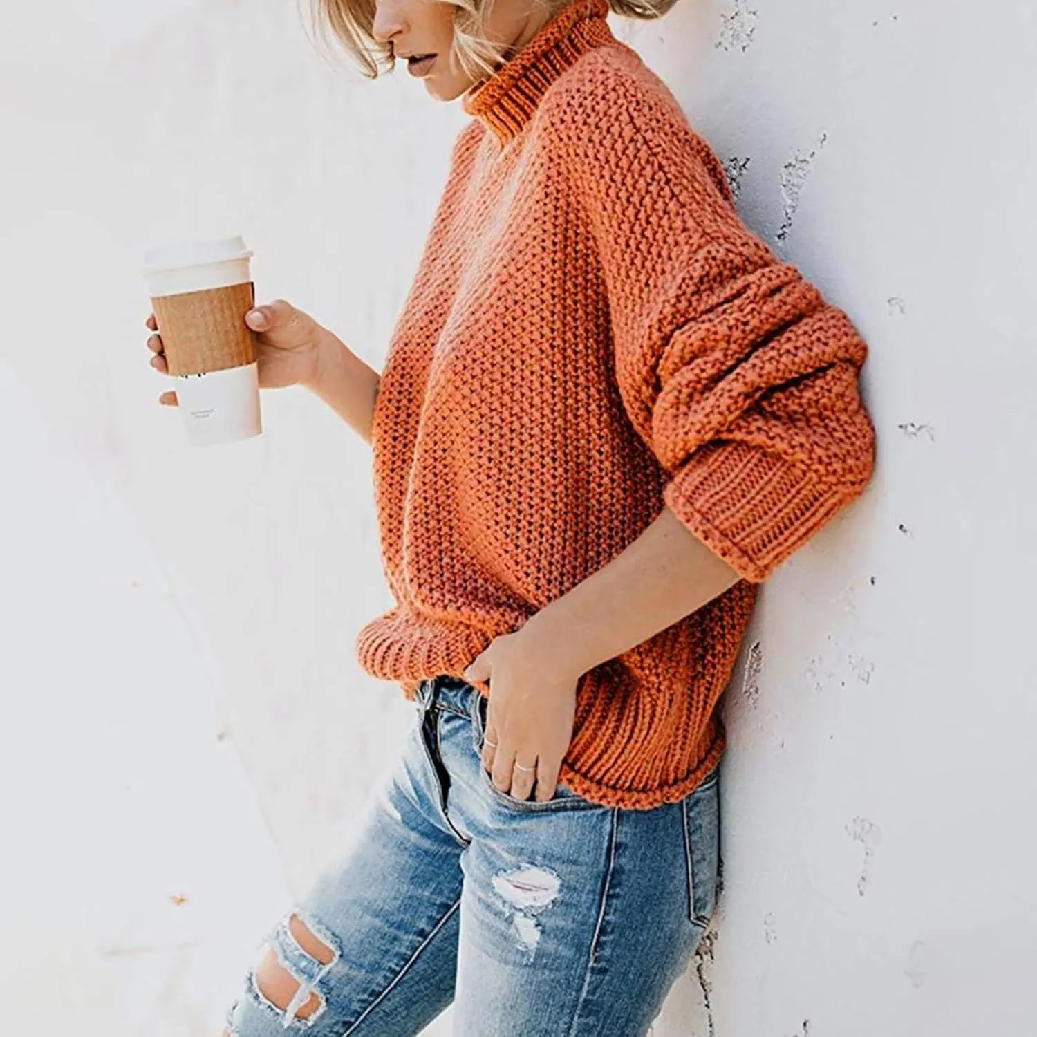 Women's Turtleneck Sweater 2024 Sleeve Knit Solid Color Sweater Pullover Top Fall Tops Cute