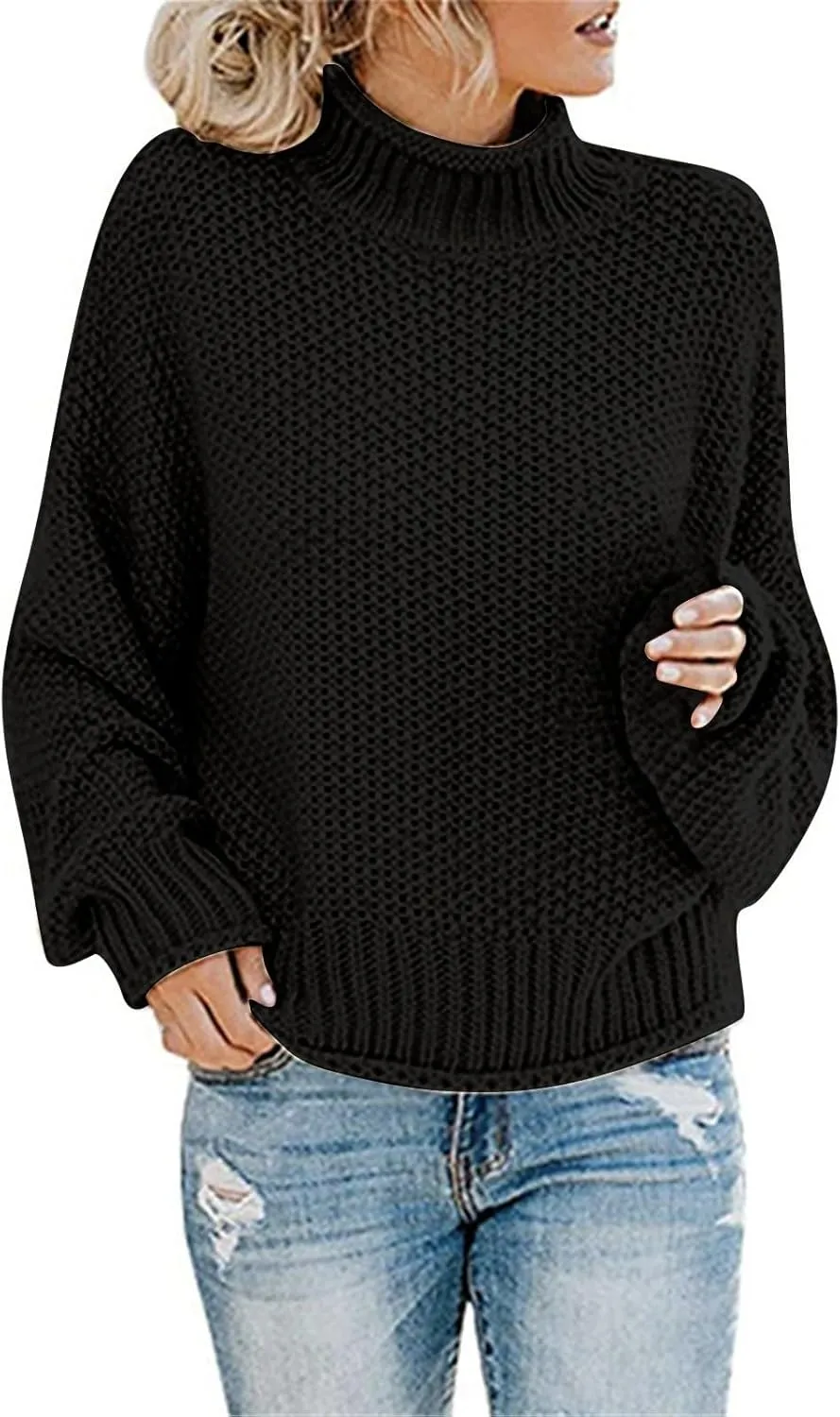 Women's Turtleneck Sweater 2024 Sleeve Knit Solid Color Sweater Pullover Top Fall Tops Cute