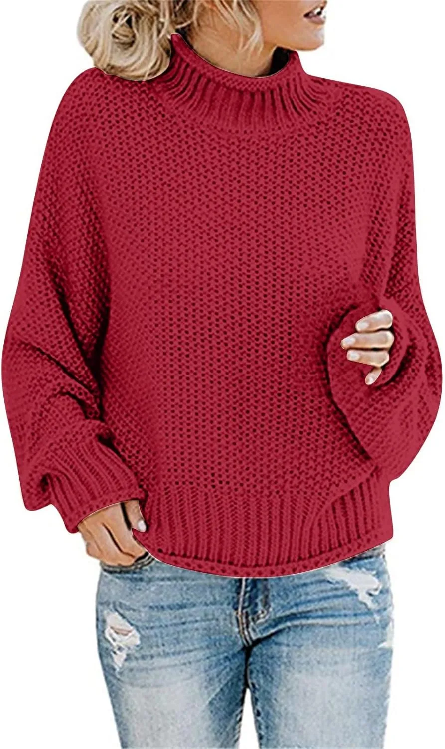 Women's Turtleneck Sweater 2024 Sleeve Knit Solid Color Sweater Pullover Top Fall Tops Cute