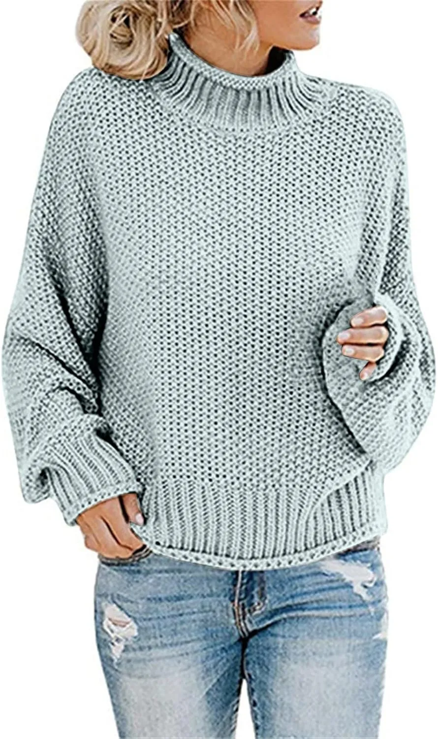 Women's Turtleneck Sweater 2024 Sleeve Knit Solid Color Sweater Pullover Top Fall Tops Cute