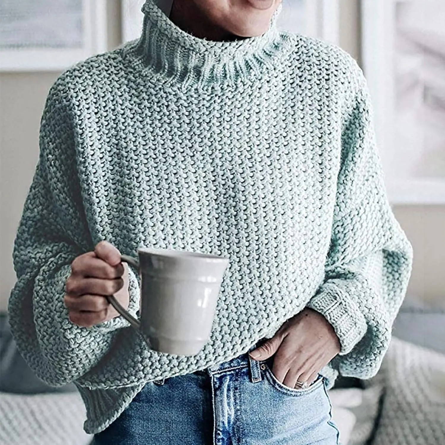 Women's Turtleneck Sweater 2024 Sleeve Knit Solid Color Sweater Pullover Top Fall Tops Cute