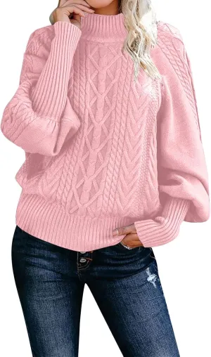 Women's Turtleneck Sweater 2024 Sleeve Knit Solid Color Sweater Pullover Top Fall Tops Cute