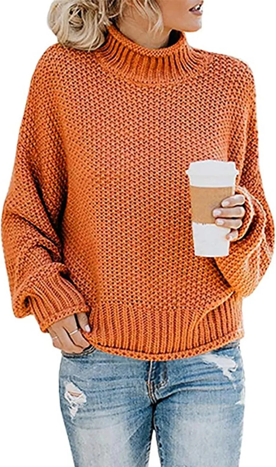 Women's Turtleneck Sweater 2024 Sleeve Knit Solid Color Sweater Pullover Top Fall Tops Cute