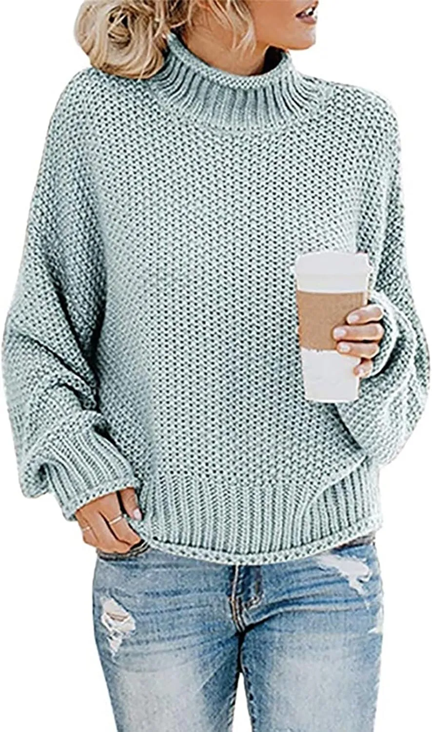 Women's Turtleneck Sweater 2024 Sleeve Knit Solid Color Sweater Pullover Top Fall Tops Cute