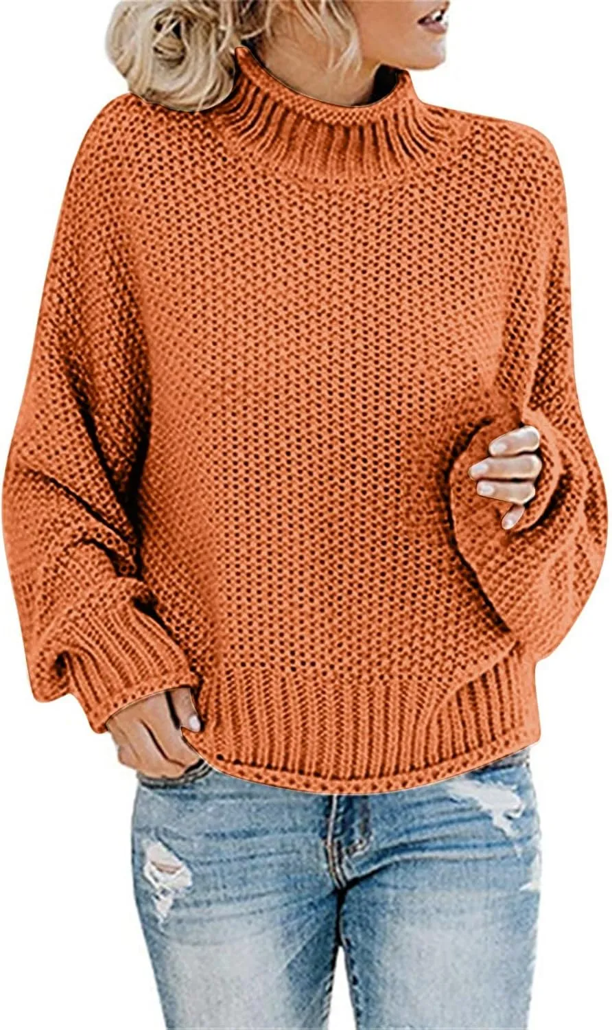 Women's Turtleneck Sweater 2024 Sleeve Knit Solid Color Sweater Pullover Top Fall Tops Cute