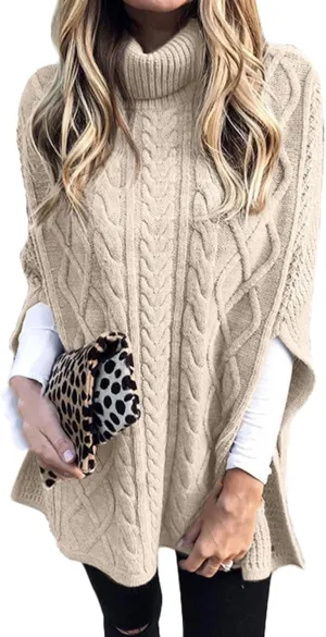 Women's Turtleneck Sweater Long Sleeve Chunky Knit Poncho Sweater Cape Wrap Pullover Fashion Fall Winter Jumper Tops