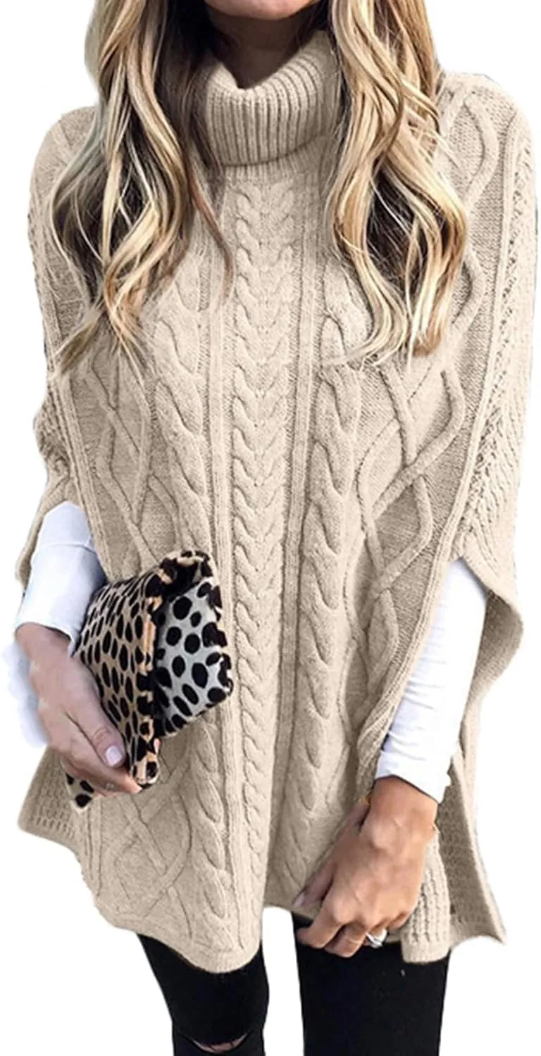 Women's Turtleneck Sweater Long Sleeve Chunky Knit Poncho Sweater Cape Wrap Pullover Fashion Fall Winter Jumper Tops