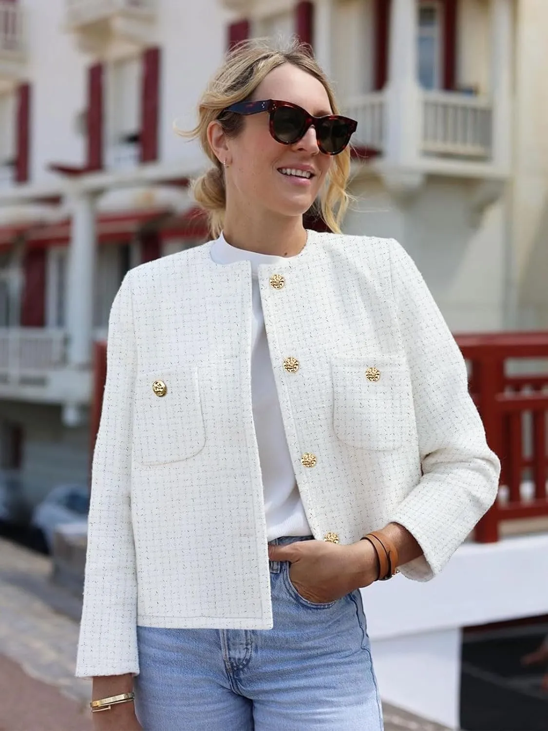 Women's Tweed Jackets Long Sleeve Business Button Down Casual Cropped Blazer with Pockets