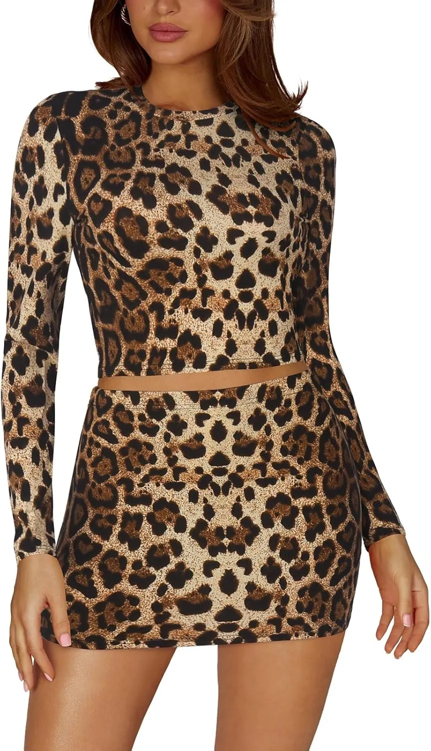 Women's Two Piece Skirt Sets - Long Sleeve Crop Tops and High Waisted Mini Y2K Bodycon Pencil Skorts Skirts with Shorts