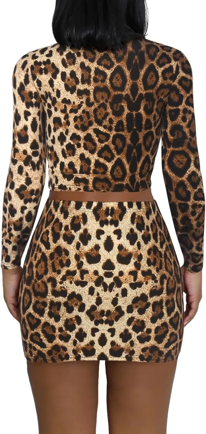 Women's Two Piece Skirt Sets - Long Sleeve Crop Tops and High Waisted Mini Y2K Bodycon Pencil Skorts Skirts with Shorts