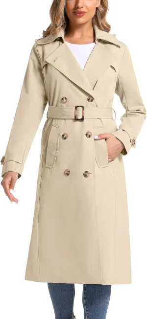 Women's Waterproof Long Trench Coat Double Breasted Length Classic Lapel Belt Coat With Removable Hood