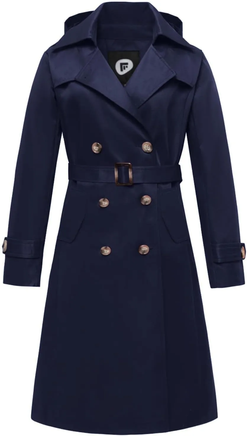 Women's Waterproof Long Trench Coat Double Breasted Length Classic Lapel Belt Coat With Removable Hood