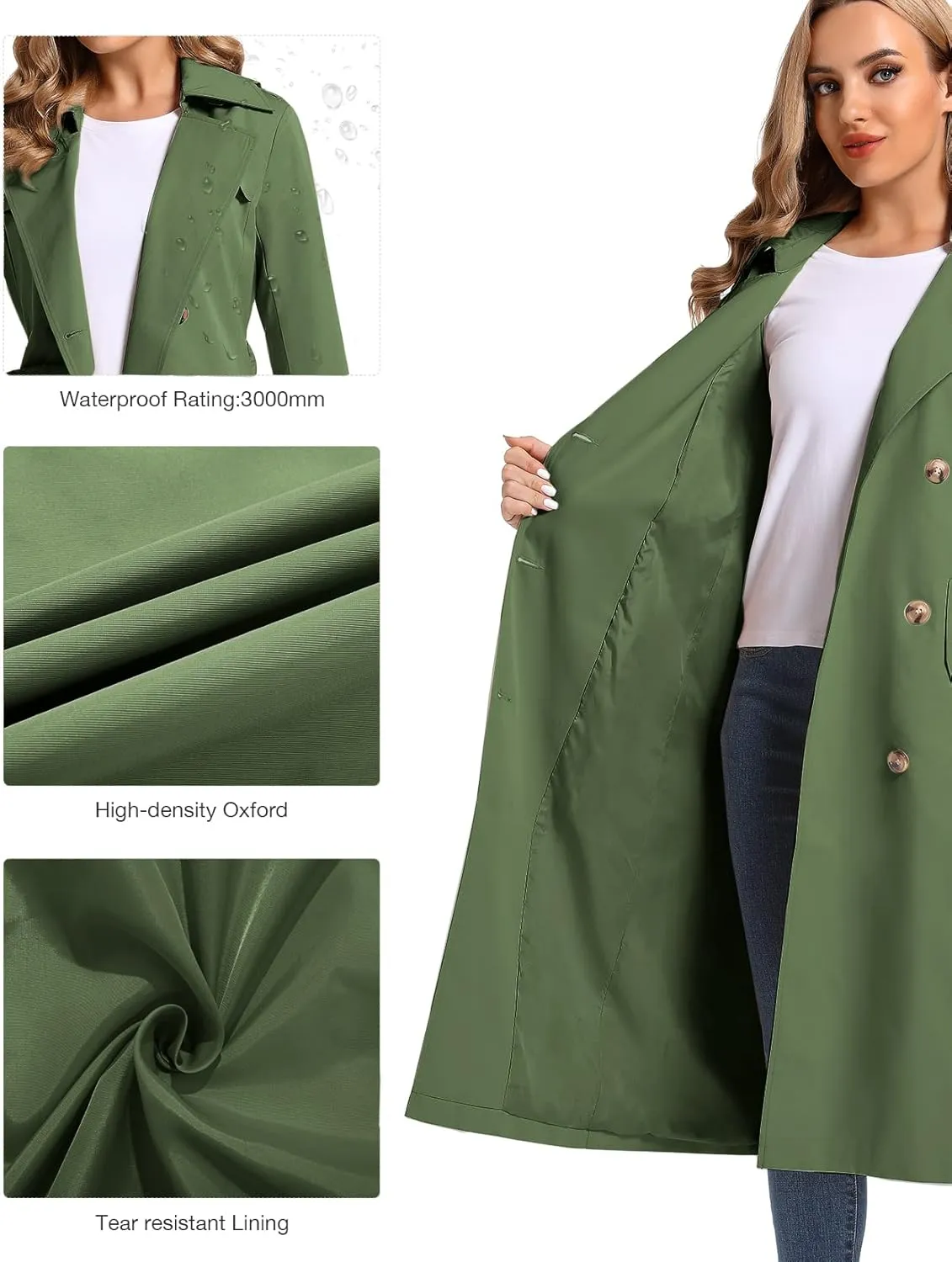 Women's Waterproof Long Trench Coat Double Breasted Length Classic Lapel Belt Coat With Removable Hood