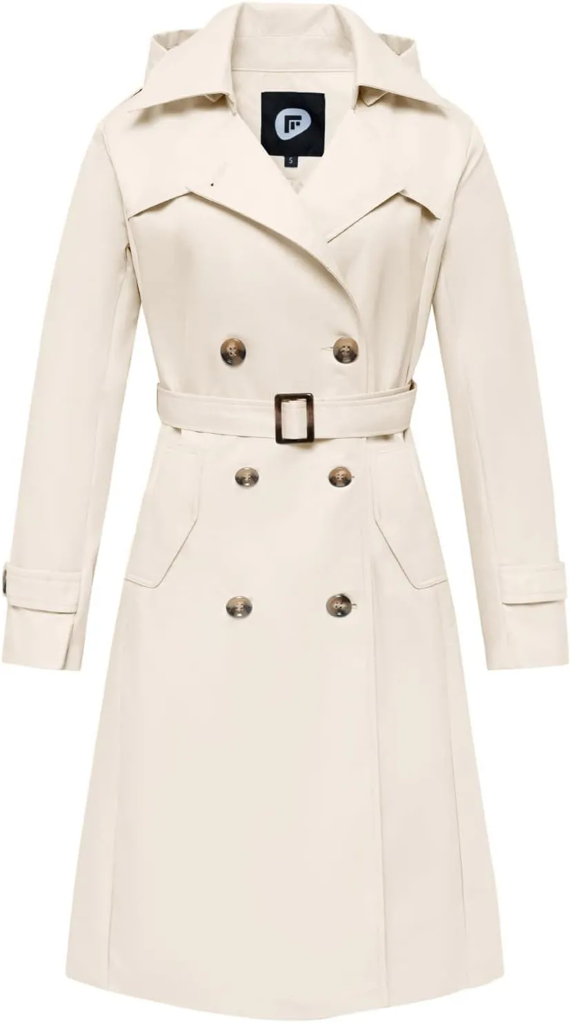 Women's Waterproof Long Trench Coat Double Breasted Length Classic Lapel Belt Coat With Removable Hood