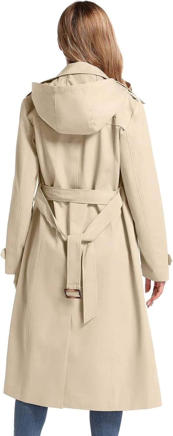 Women's Waterproof Long Trench Coat Double Breasted Length Classic Lapel Belt Coat With Removable Hood