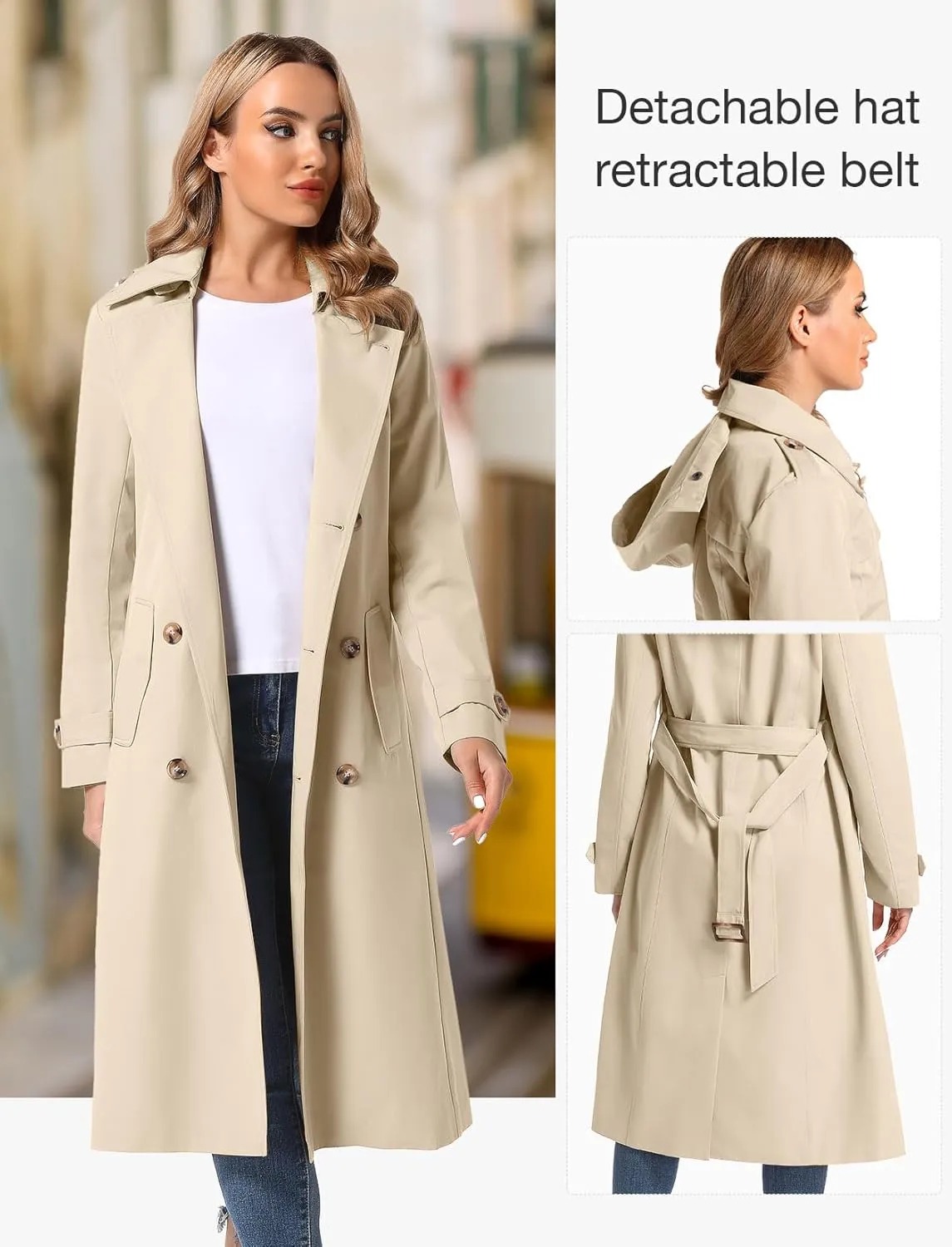 Women's Waterproof Long Trench Coat Double Breasted Length Classic Lapel Belt Coat With Removable Hood