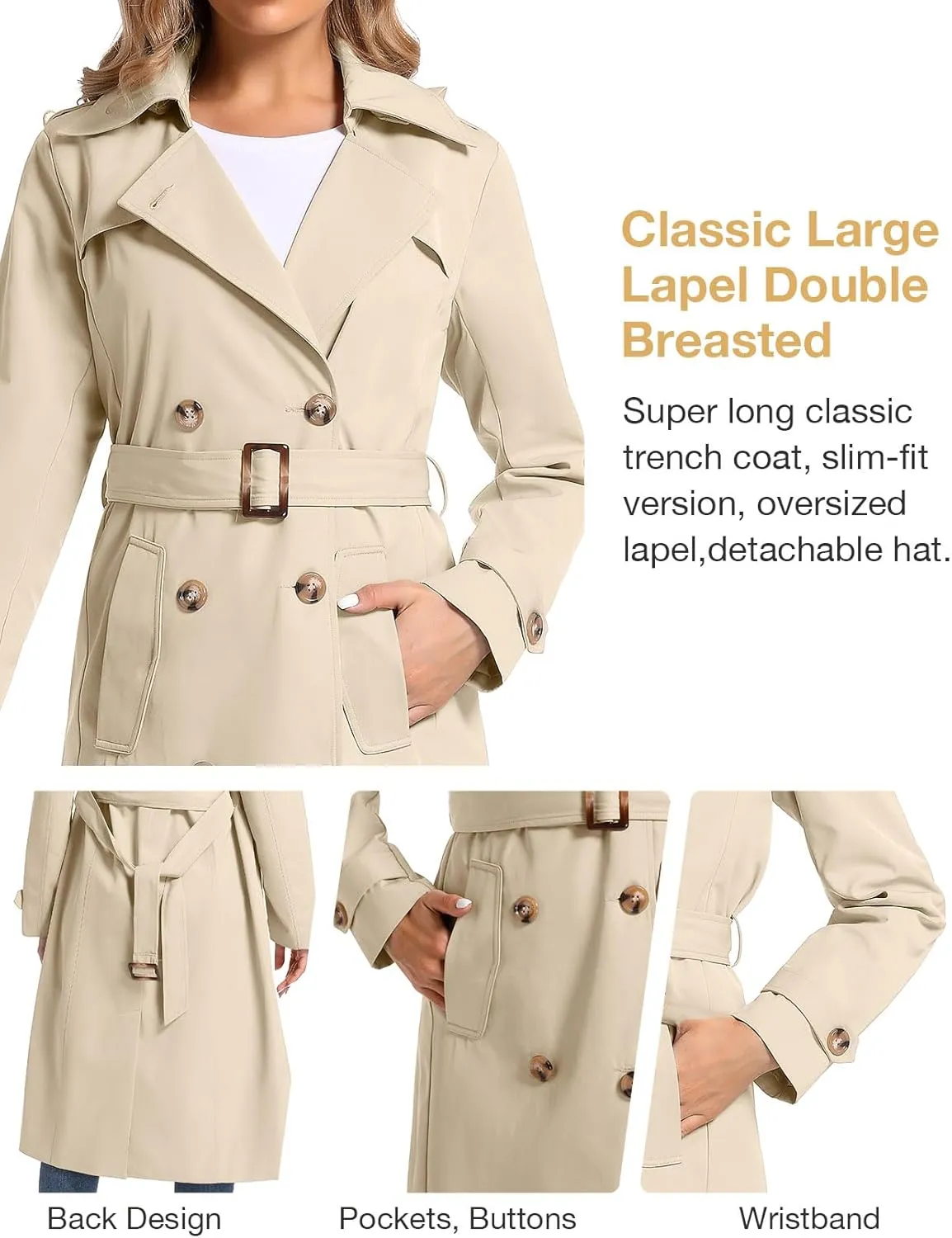 Women's Waterproof Long Trench Coat Double Breasted Length Classic Lapel Belt Coat With Removable Hood