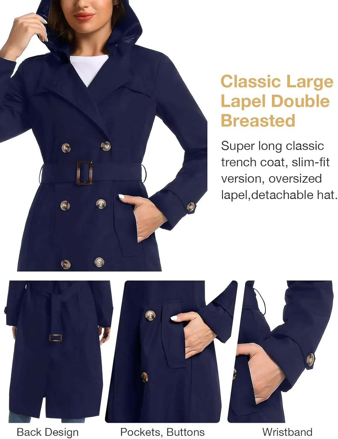 Women's Waterproof Long Trench Coat Double Breasted Length Classic Lapel Belt Coat With Removable Hood