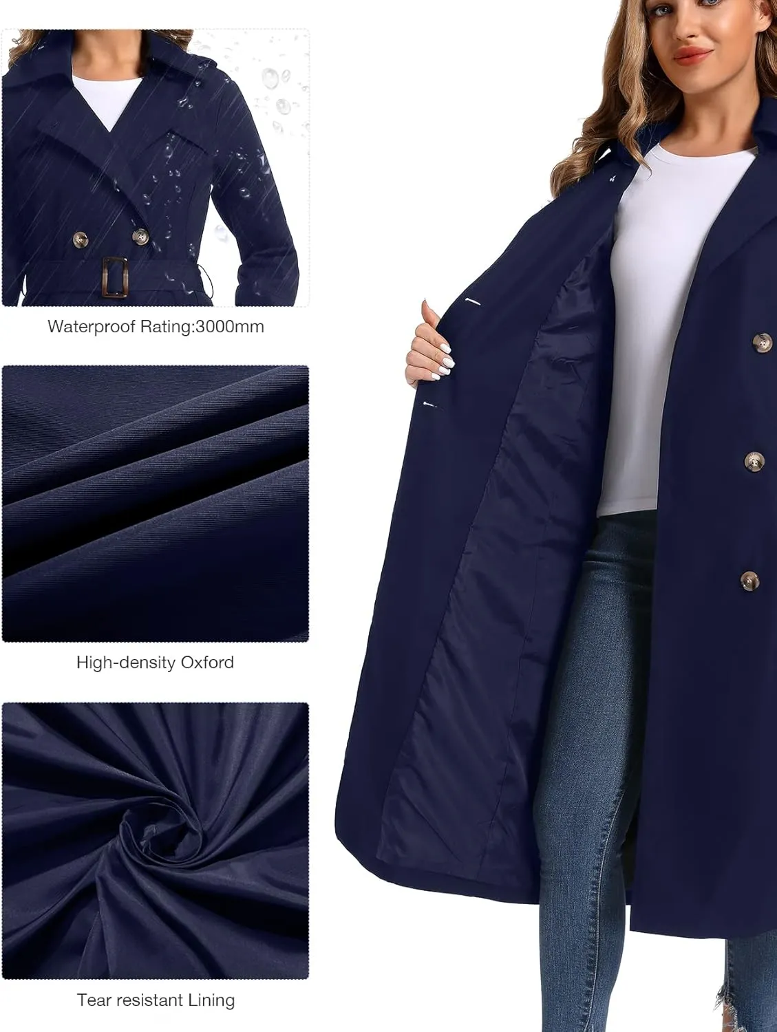 Women's Waterproof Long Trench Coat Double Breasted Length Classic Lapel Belt Coat With Removable Hood