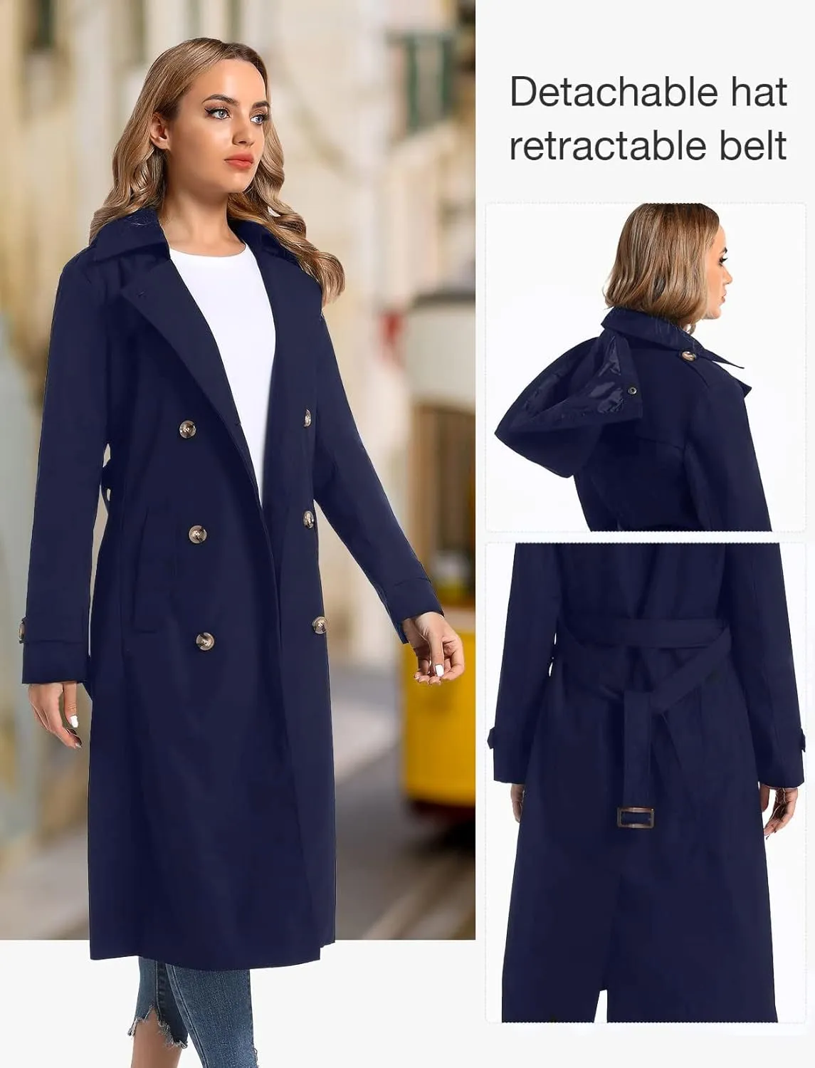 Women's Waterproof Long Trench Coat Double Breasted Length Classic Lapel Belt Coat With Removable Hood
