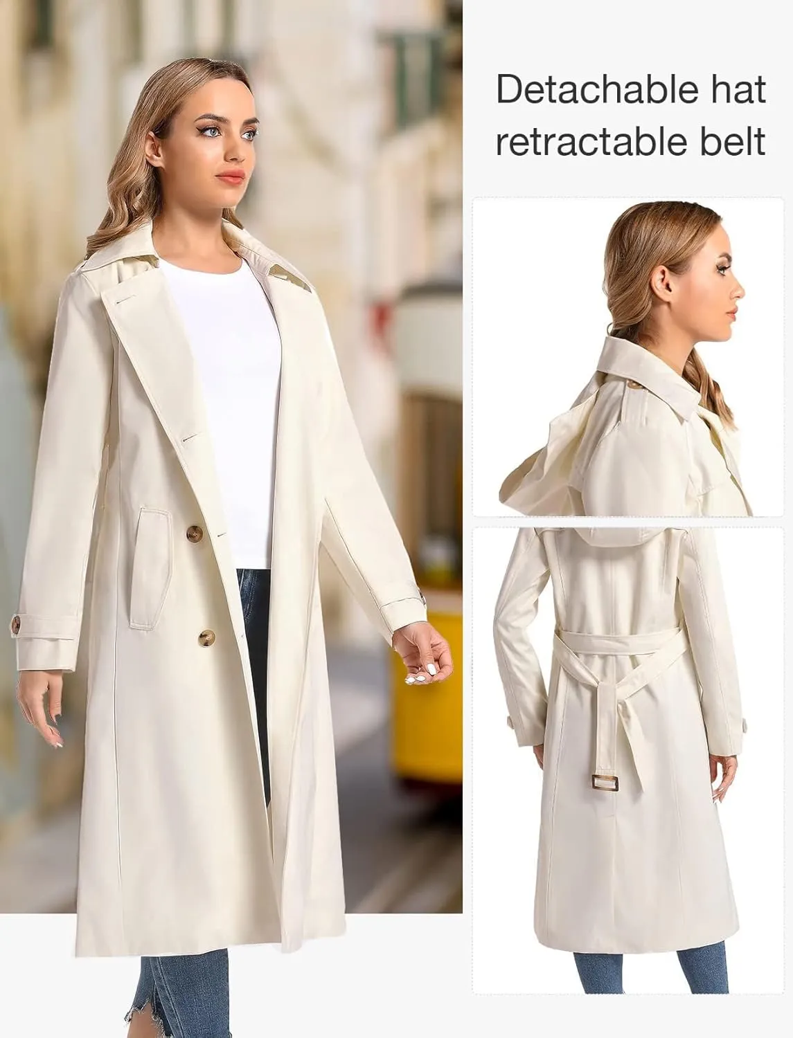 Women's Waterproof Long Trench Coat Double Breasted Length Classic Lapel Belt Coat With Removable Hood