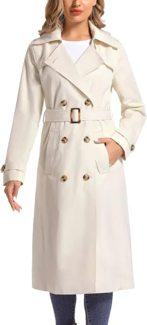 Women's Waterproof Long Trench Coat Double Breasted Length Classic Lapel Belt Coat With Removable Hood