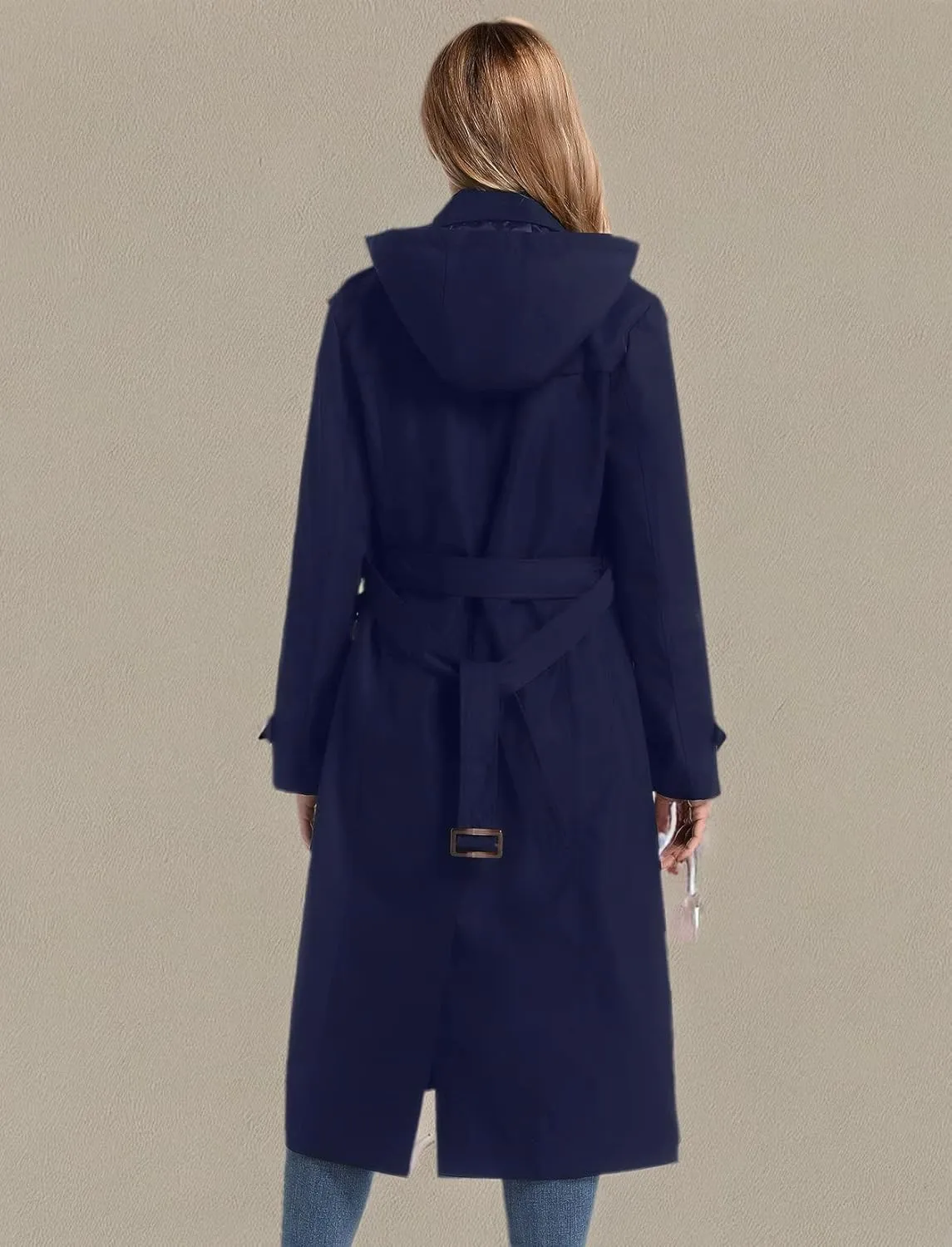 Women's Waterproof Long Trench Coat Double Breasted Length Classic Lapel Belt Coat With Removable Hood